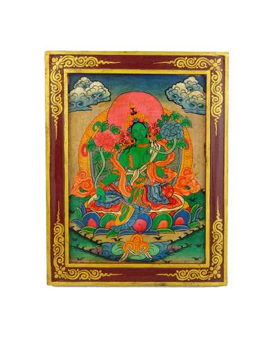 Thangka Tara Verde enmarcado en madera 34 x 28 cm