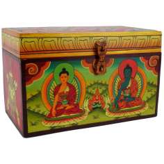 Caja de madera con Buda de la Medicina y Shakyamuni