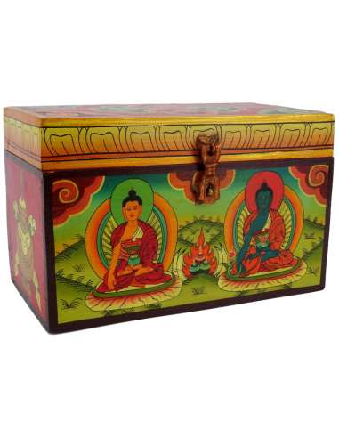 Caja de madera con Buda de la Medicina y Shakyamuni