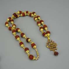 Collar Rudrakshas 5 Mukhis con colgante Om Trishul Damru